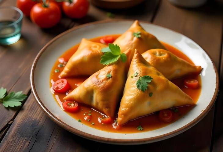 Crispy Samosas with Sauce and Tomato on Rustic Plate